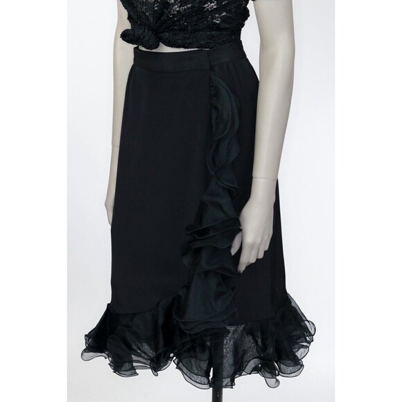 Vintage 1990s 90s Black Silk Ruffled True Wrap Skirt M Goth Gothic Minimalist - Picture 4 of 9